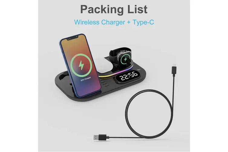 4 in 1 Wireless Charging Station with Digital Clock and Night Light, Wireless Charger Stand Compatible with iPhone 13/12, AirPods 3/2/pro, iWatch Series