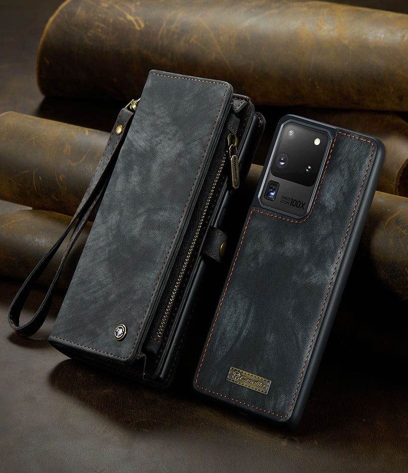 CaseMe Samsung Galaxy S23 Ultra Magnetic Detachable Leather Zipper Wallet  Case with Wrist Strap Black