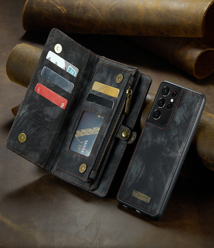 Samsung Galaxy S21 Ultra CaseMe Magnetic Detachable Leather Zipper Wallet Case with Wrist Strap Black