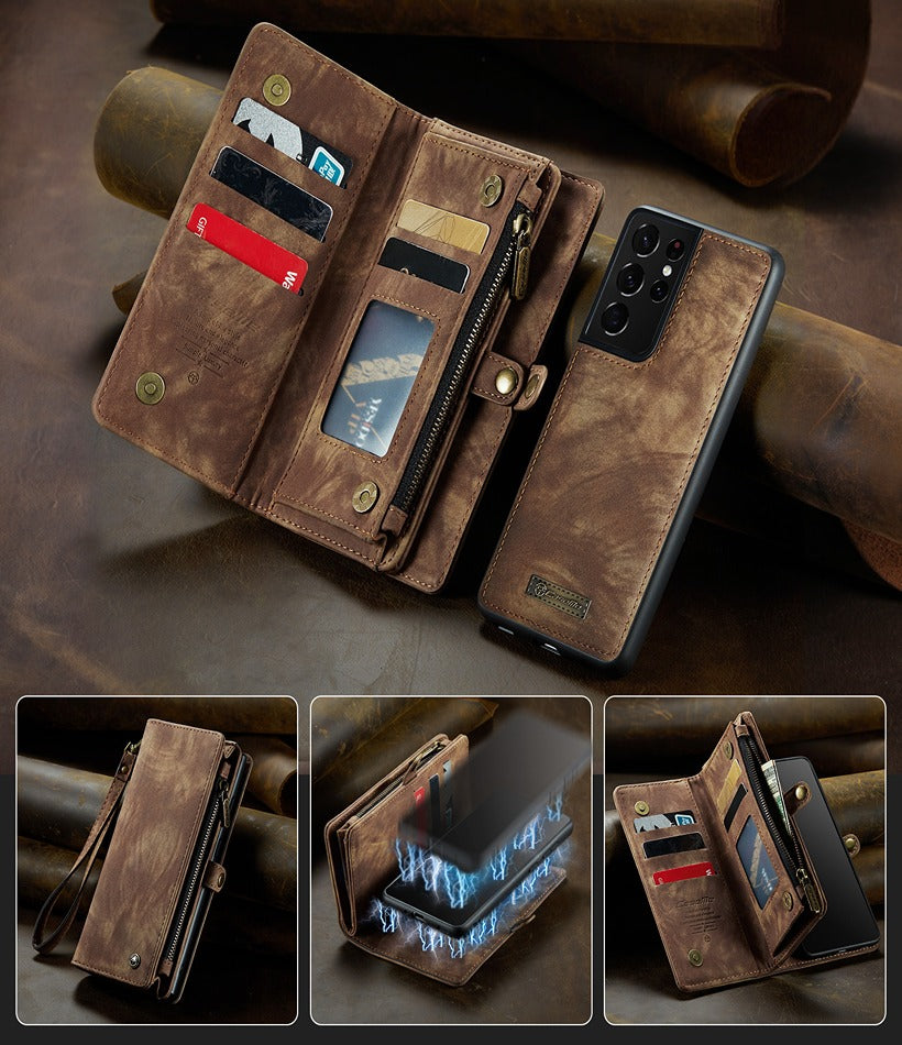 Samsung Galaxy S21 Ultra CaseMe Magnetic Detachable Leather Zipper Wallet Case with Wrist Strap Black