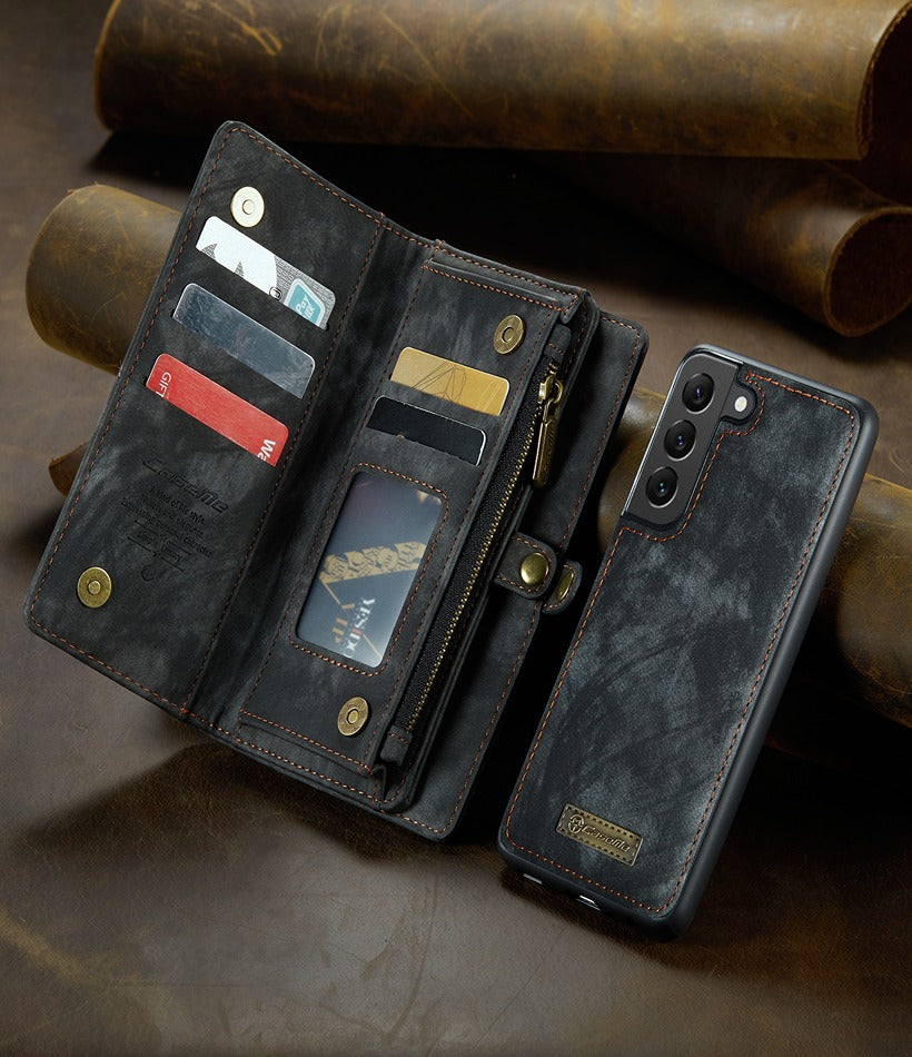 Samsung Galaxy S21 plus CaseMe Magnetic Detachable Leather Zipper Wallet Case with Wrist Strap description /benefits