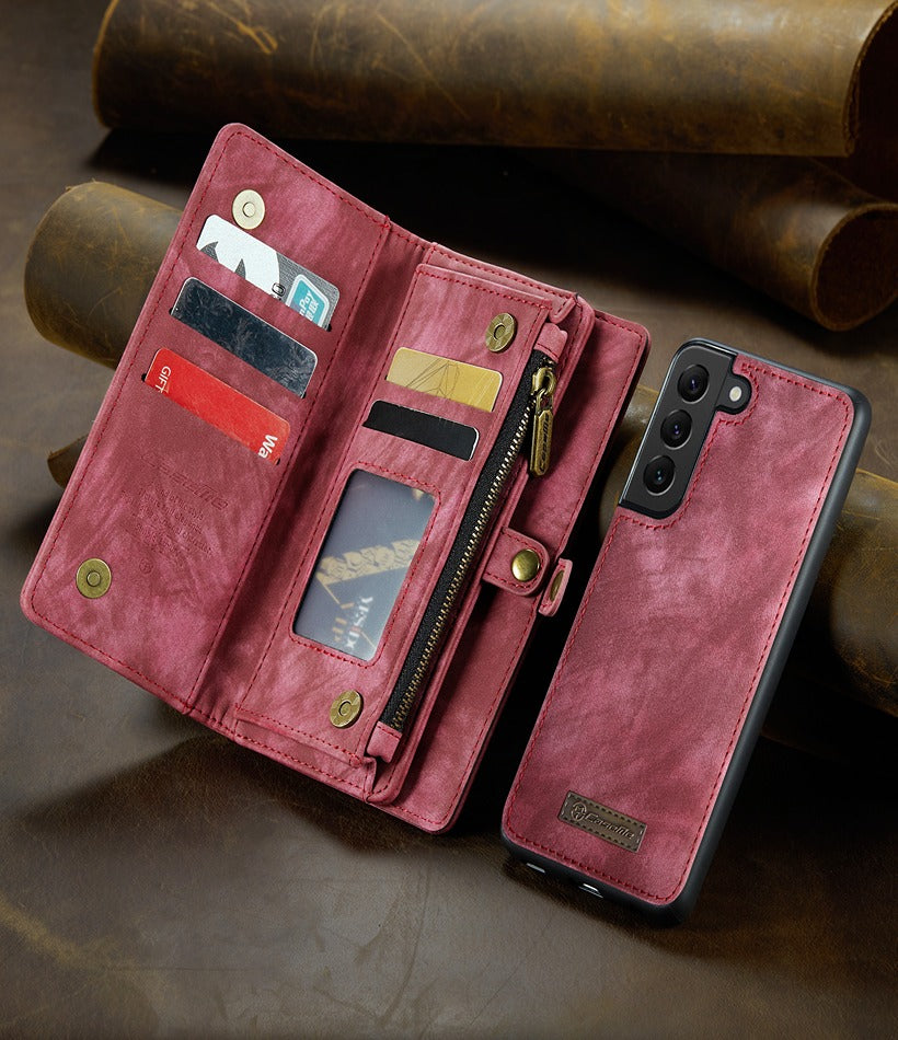 Samsung Galaxy S22 Ultra CaseMe Magnetic Detachable Leather Zipper Wallet Case with Wrist Strap