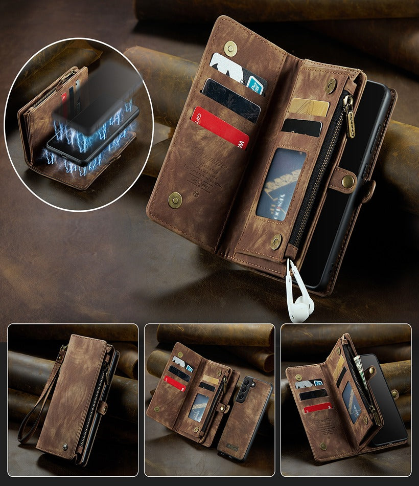 Samsung Galaxy S22 Ultra CaseMe Magnetic Detachable Leather Zipper Wallet Case with Wrist Strap