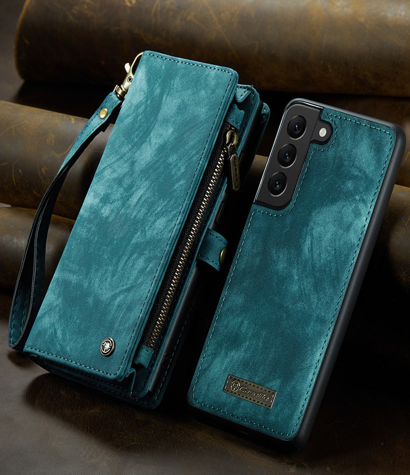 Samsung Galaxy S23 Plus CaseMe Magnetic Detachable Leather Zipper Wallet Case with Wrist Strap